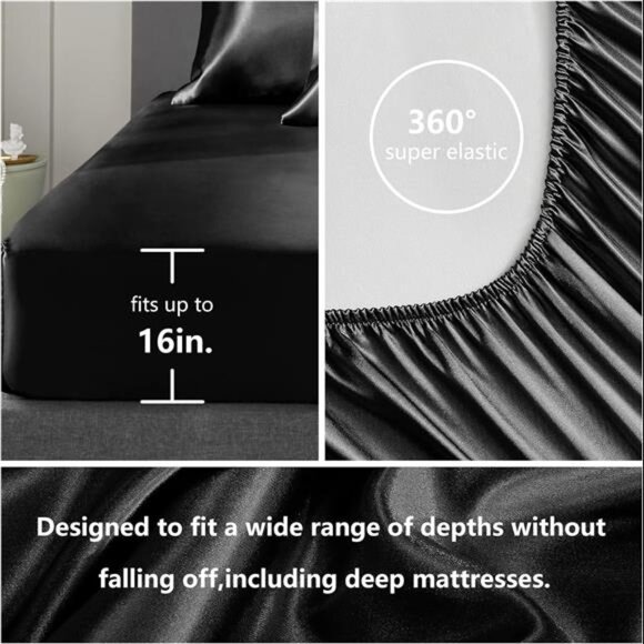 Satin Sheets Queen Size - 4 Piece Black Bed Sheet Set with Silky Microfiber - Picture 4 of 7